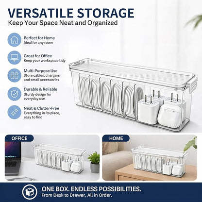 TexHome 2 Pcs Cable Organizer Boxes Clear Charger Cable Storage Boxes with Lid and Cable Straps, Plastic Electronics Cord Organizer for Office Desk Home Drawer Accessories Storage, Clear