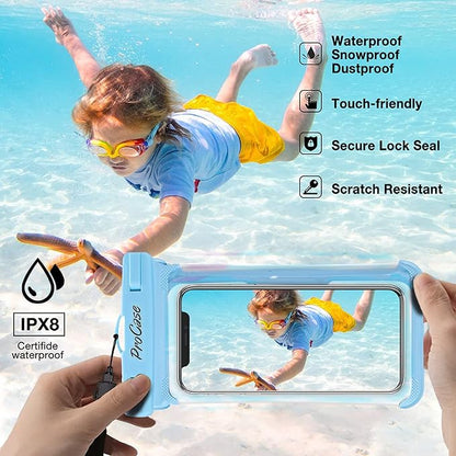 ProCase 2 Pack Waterproof Phone Pouch, Underwater Phone Case Up to 7", Dry Bag for iPhone 17 Air 16 15 14 13 Pro Plus Max, Galaxy S24 S23 S22 Ultra Pixel, Beach Essentials -Blue & Black
