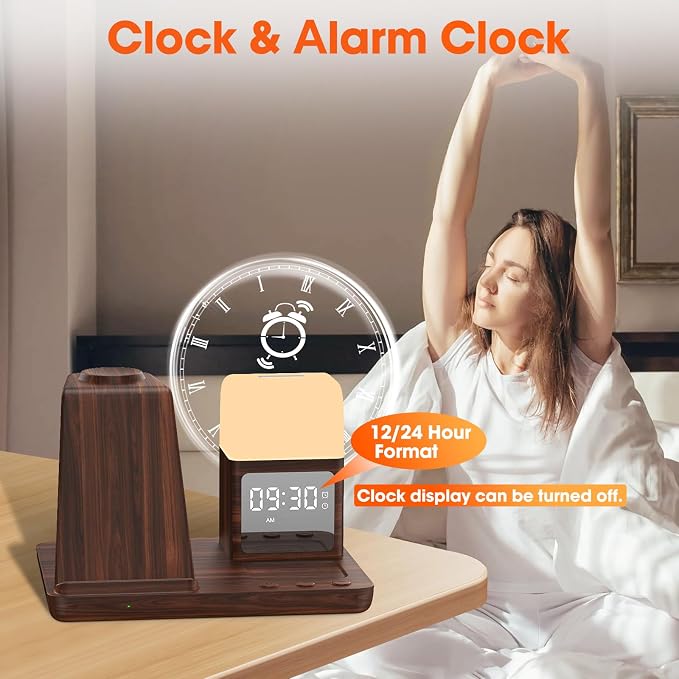 Wireless Charger for Samsung/Android Charging Station, 6 in 1 Fast Watch Charger with Alarm Clock-Night Light, Compatible for Galaxy S25 Ultra/S24, Only for Samsung Watch8/7, Galaxy Buds3 Pro(Walnut)