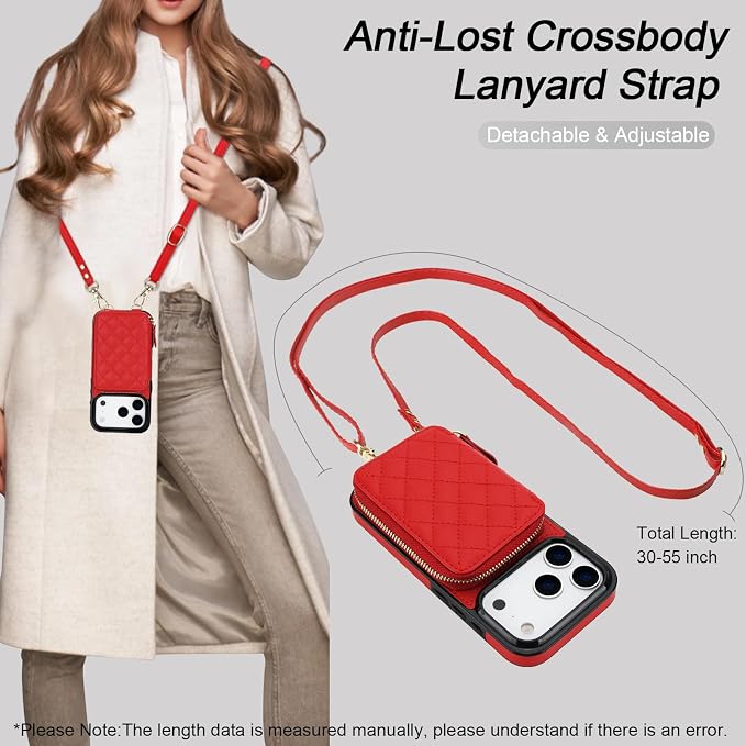 Bocasal Crossbody Wallet Case for iPhone 17 Pro, RFID Blocking PU Leather Zipper Handbag Purse Flip Cover, Kickstand Folio Case with Card Slots Holder Wrist Strap Lanyard 5G 6.3 Inch (Red)