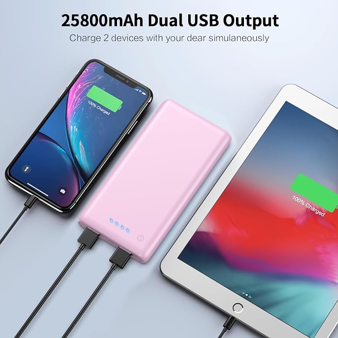 Portable Charger Power Bank 25,800mAh,Ultra-High Capacity Fast Phone Charging with Intelligent Smart IC,2 USB Port External Cell Phone Battery Pack Compatible with iPhone 17 16 15,Samsung,Android-Pink