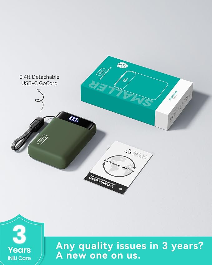 INIU Portable Charger, Smallest 22.5W 20000mAh USB C in & Out Power Bank Fast Charging, PD 3.0+QC 4.0 LED Display Phone Battery Pack Compatible with iPhone 17 16 15 14 Pro Samsung S24 Google, Green