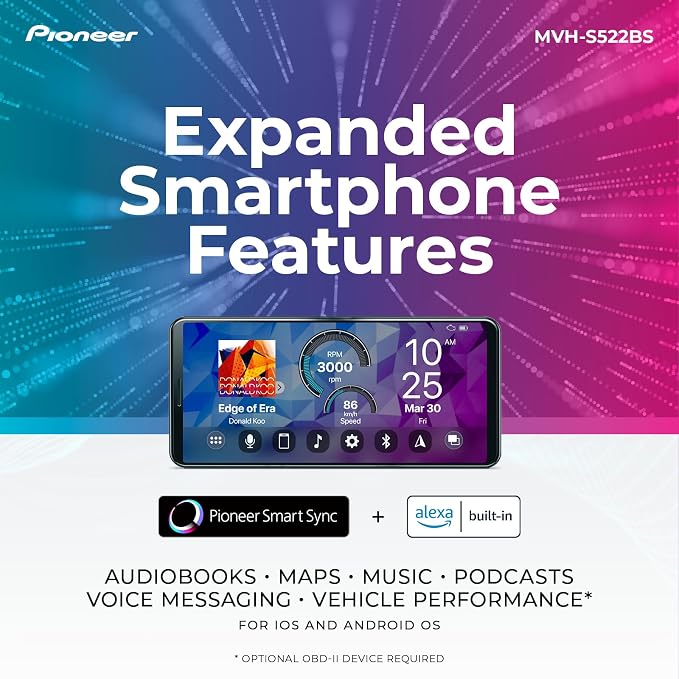 Pioneer MVH-S522BS Bluetooth Car Stereo with USB/AUX Inputs, Pioneer Smart Sync, and Hands-Free Calling for Enhanced in-Car Audio Experience.