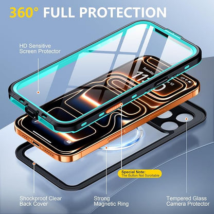 Red2Fire for iPhone 17 Pro Max Case Waterproof, [Built-in Screen Protector & Camera Protector][Compatible with MagSafe][Full Body Shockproof][IP68 Waterproof][Dustproof] Phone Case 6.9" Blue/Clear