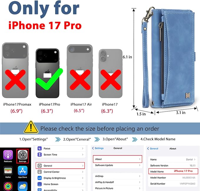 Wallet Case for iPhone 17 Pro with Card Holder/Crossbody Wallet/Strap,[RFID Blocking][Magnetic] PU Leather Phone Case for iPhone 17 Pro,6.3 in,Dream Sky Blue