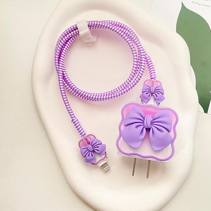 5 in 1 Charger Cover Compatible with Apple 18W/20W Adapter, Cute Gradient TPU Protective Case with Purple Bow & Cable Protector for iPhone Series & MacBook Neo 13 inch A3404