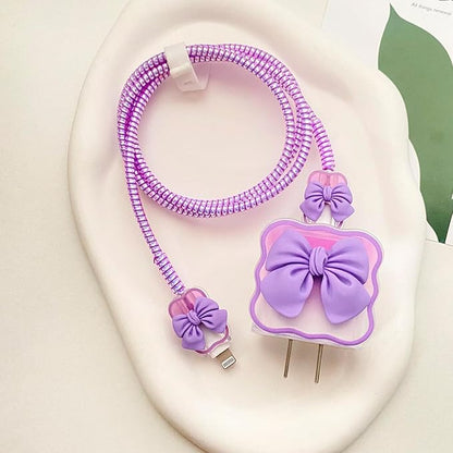 5 in 1 Charger Cover Compatible with Apple 18W/20W Adapter, Cute Gradient TPU Protective Case with Purple Bow & Cable Protector for iPhone Series & MacBook Neo 13 inch A3404