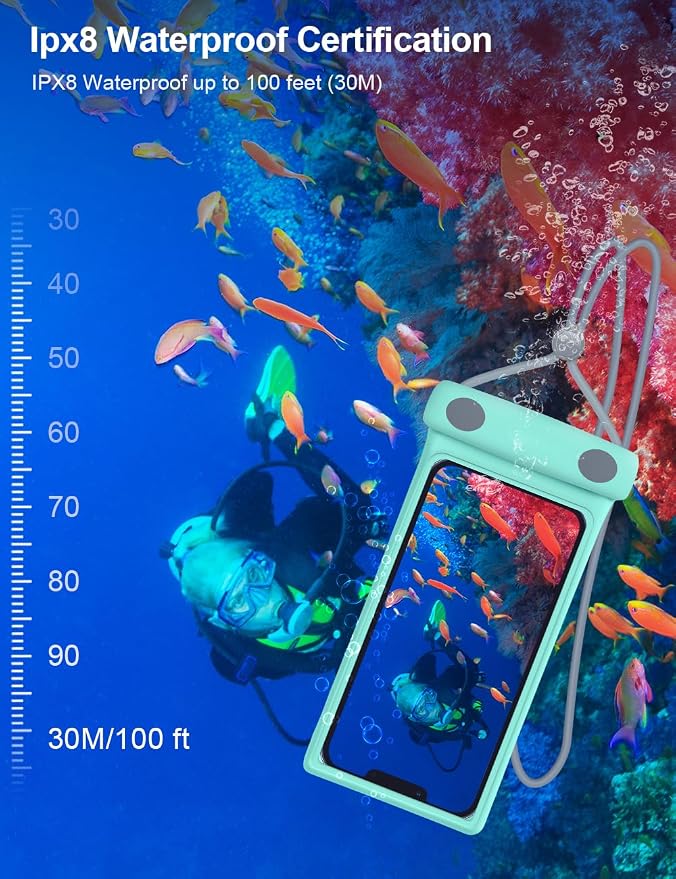 wellhouse Waterproof Phone Pouch, Waterproof Phone Case for iPhone 16 15 14 13 Pro Max XS Samsung, IPX8 3D Cellphone Dry Bag Beach Essentials - Duke Crystal Mint