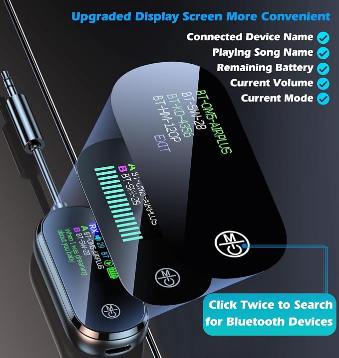 KAIY Bluetooth Car Adapter 2 in 1 Wireless Audio Receiver & AUX Transmitter for TV/Airplane/Home Stereo, Dual Link for 2 AirPods/Headphones, HD Screen Low Latency 5.4 Portable Dongle