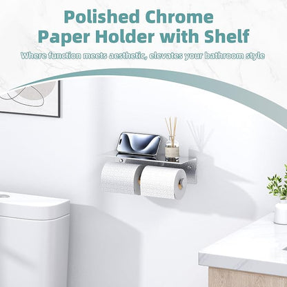 Double Toilet Paper Holder with Shelf Polished Chrome, APLusee SUS304 Stainless Steel Contemporary Bathroom Tissue Roll Holder Cell Phone Storage Rack