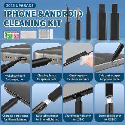 2026 Upgrade Phone Cleaning Kit 47PCS, iPhone Cleaning Kit, Airbuds AirPods Cleaning Kit, Keyboard, Charging Port Cleaner for Apple Lightning/Android USB-C - Includes Putty, Cloth & Wipes (Black)