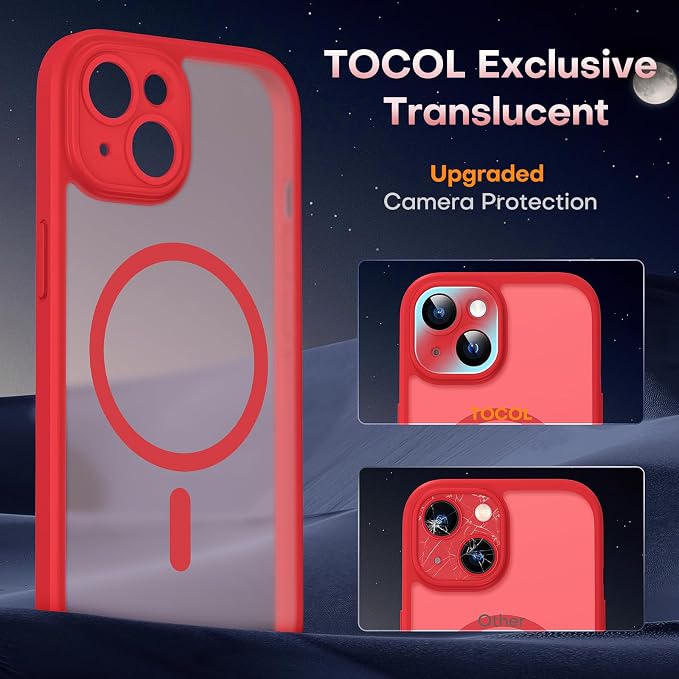 TOCOL for Phone 13 Case, Compatible with Magsafe Charger, Full Camera Protection, Drop Protection, Translucent Matte Phone Case for iPhone 13 6.1 inch (Red)