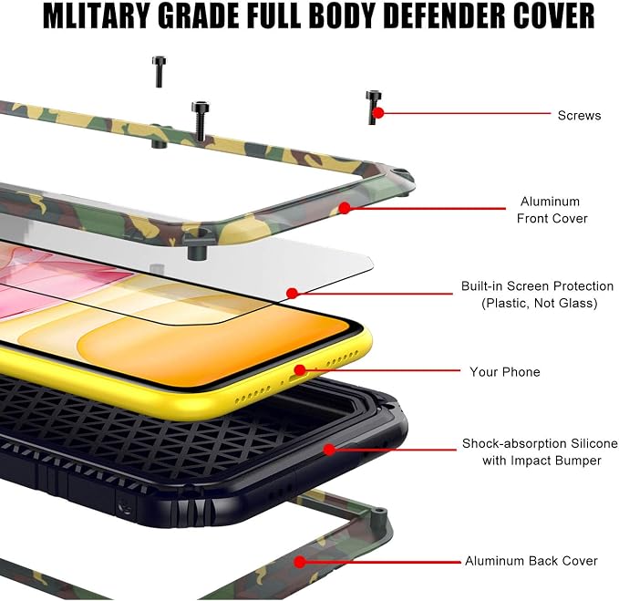 Mitywah Waterproof Case Compatible for iPhone 11, Heavy Duty Military Grade Defender Cover Built-in Screen Protection, Shockproof Metal Strong Dustproof Case for iPhone 11, Camouflage