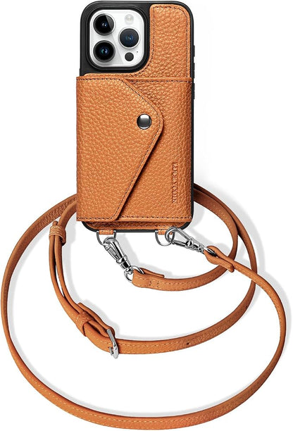 LUCKYCOIN for iPhone 15 Pro Crossbody Wallet Case – Genuine Leather Phone Purse with Adjustable Strap and Card Holder,Lanyard Phone Purse Case for Women,Pebble Grain Brown