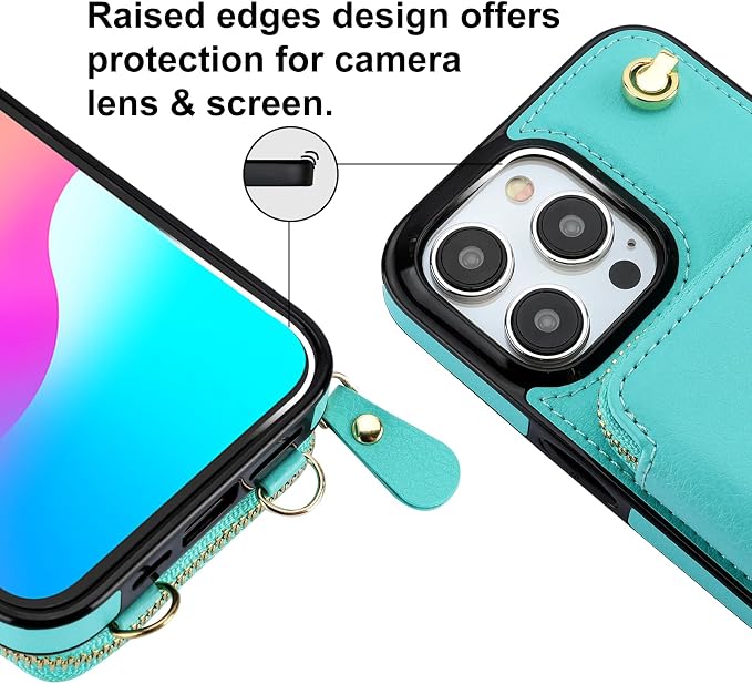 Bocasal Crossbody Wallet Case for iPhone 15 Pro Max, RFID Blocking Leather Purse Case with Card Holder, Protective Handbag Flip Cover with Zipper Wrist Strap Lanyard for Women 5G 6.7 Inch (Mint Green)