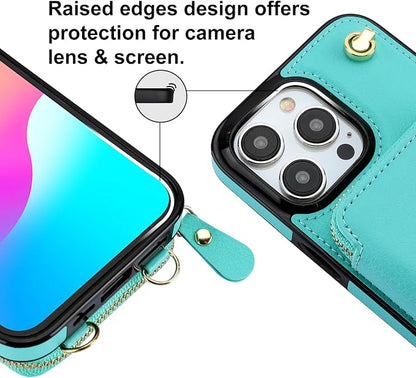 Bocasal Crossbody Wallet Case for iPhone 15 Pro Max, RFID Blocking Leather Purse Case with Card Holder, Protective Handbag Flip Cover with Zipper Wrist Strap Lanyard for Women 5G 6.7 Inch (Mint Green)