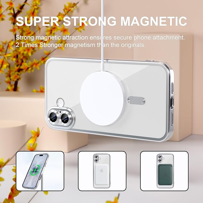 Misea Magnetic for iPhone 17 Case Compatible with MagSafe [Never Yellowing] [Military Grade Drop Protection] Full Camera Lens Protector Plating Soft Clear Phone Case for Women, Silver