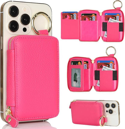 Cavor Compatible with MagSafe Wallet Genuine Leather Cash Wallets for Women, Magnetic Phone Wallet for iPhone 17 Pro Max/16/15/14/13/12, id Credit Card Holder with Mag safe Keychain-Rose red