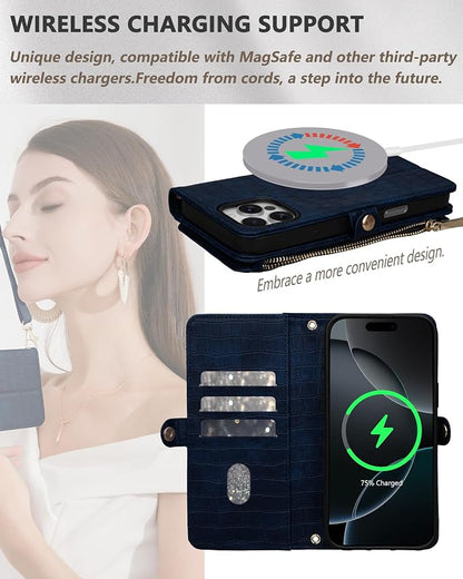 Crossbody Wallet Case for iPhone 16 Pro Max with Mirror, Wrist Strap, Zipper Purse Magnetic Flip RFID Blocking Card Holder, Wireless Charging, PU Leather Shockproof 6.9" Women (Navy Blue)