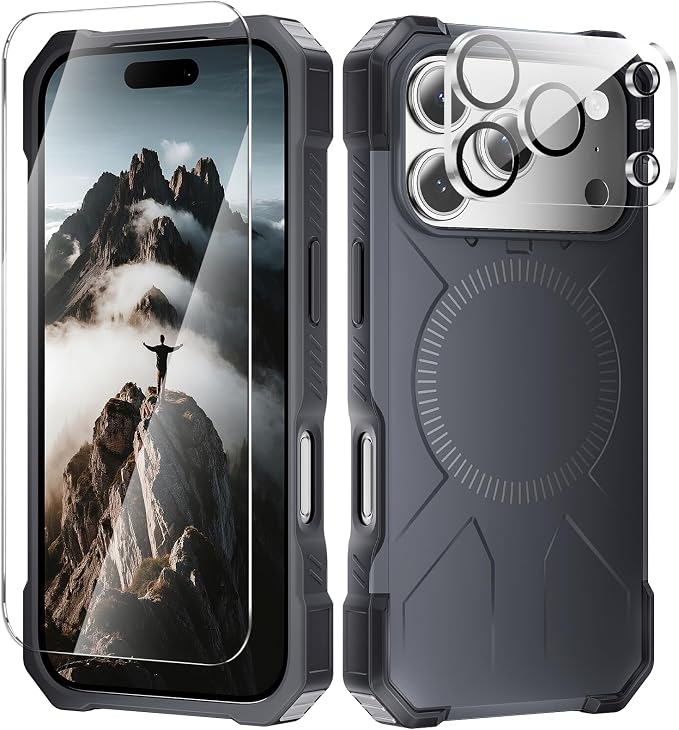3 in 1 for iPhone 17 Pro Max Case, [1 Screen Protector & 1 Camera Lens Protector], 7X Military-Grade Drop Protection, Fits MagSafe, Tough, Rugged & Durable Heavy Duty, Black