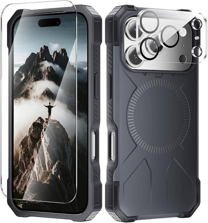 3 in 1 for iPhone 17 Pro Max Case, [1 Screen Protector & 1 Camera Lens Protector], 7X Military-Grade Drop Protection, Fits MagSafe, Tough, Rugged & Durable Heavy Duty, Black