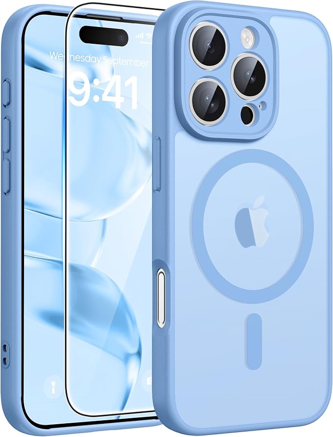 FNTCASE for iPhone 16 Pro Case: [Compatible with Magsafe] Translucent Matte Cases with [Full Camera Protection] [Screen Protector] Military Grade Shockproof Protective Phone Cover - Light Blue