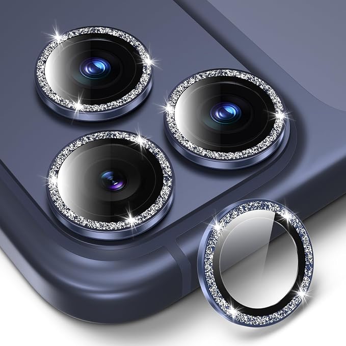 PandaShield 2-Pack Anti-Reflection Camera Lens Protector for iPhone 17/16/15 Pro & Pro Max, Easy Installation,9H Hardness, 98% Ultra Clarity, Maintains Original Lens Design -Glitter Blue