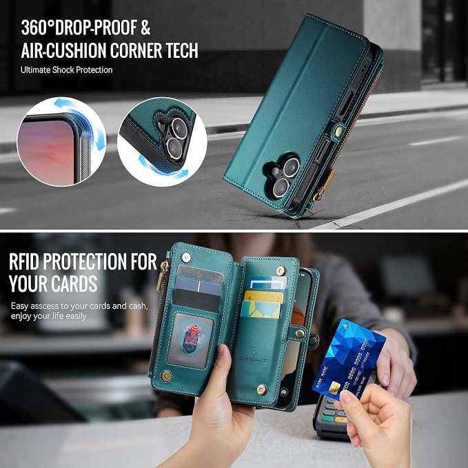 Strapurs for iPhone 17 Detachable Wallet Case Compatible with Magsafe for Women, RFID Blocking 9-Card Holder Zipper Wrist Strap Lanyard PU Leather Magnetic Phone Case for iPhone 17 6.3", Blue Green