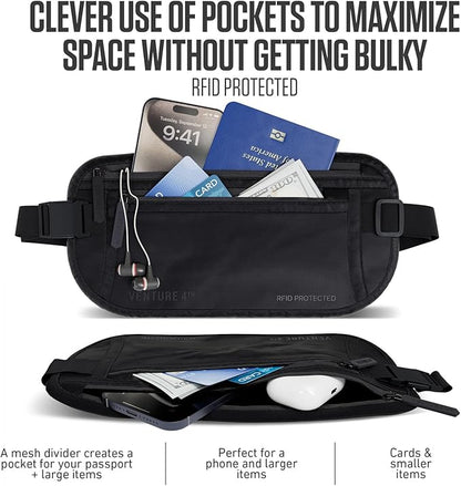 VENTURE 4TH Money Belt for Travel – Hidden Under-Clothes RFID Blocking Passport Holder & Slim Travel Wallet Pouch for Men & Women to Protect Cash, Cards & Documents (Sleek Black)