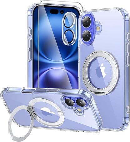 3 in 1 for iPhone 16 Plus Case Clear Ring Holder | Screen Protector *1 & Camera Lens Protector*1, Not Yellowing, Build in Kickstand, Military-Grade Protection