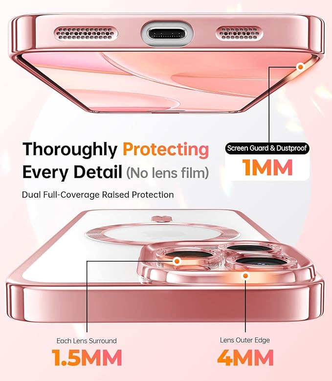 Meifigno Magnetic Case with Removable Phone Ring Stand for iPhone 16 Pro, [Glitter Card & Wrist Strap] [MagSafe Compatible] [Built in Mirror] Magnetic Phone Ring Holder + 16 Pro Case Kit, Rose Gold