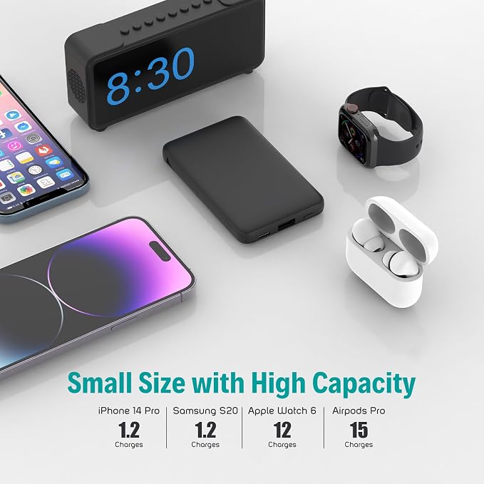 Sethruki Smallest Portable Charger with Built-in Cables 5000mAh,Ultra Slim Power Bank,Mini High Speed External Battery Packs,Lightweight USB C Phone Charger for iPhone Samsung Google Android (Black)