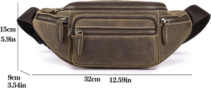 Crazy Horse Cowhide Leather Waist Pack Fanny Bag for Men Women Outdoor Travel Sports Running Walking Hiking Hip Bum Belt Slim Cell Phone Purse Casual Waist Wallet Pouch Deep Brown ﻿