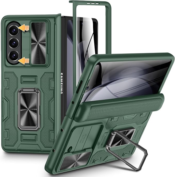 VEGO for Z Fold 5 Case with Hinge Protection & Screen Protector, Green | Built-in 360° Magnetic Kickstand, Slide Camera Cover, Full Body Protective Case for Samsung Fold 5