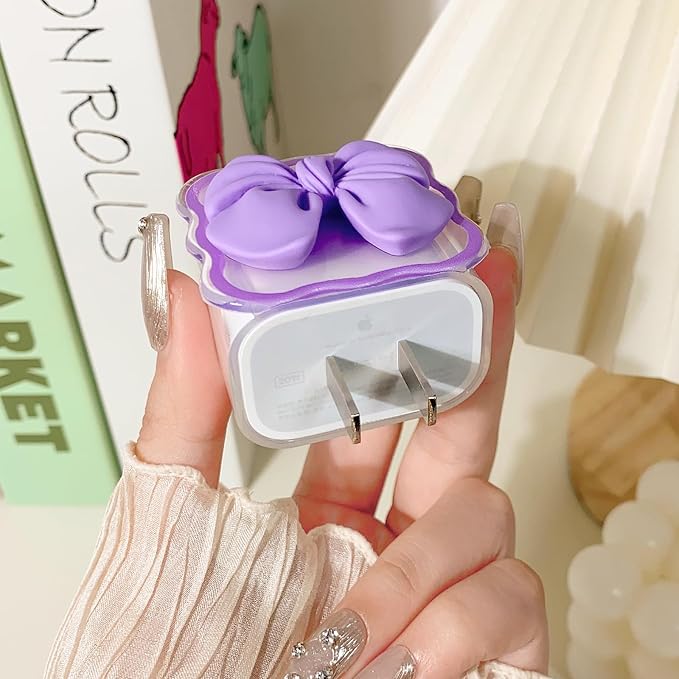 Lovmooful Compatible for iPhone 18W/20W USB-C Charger Cover Clear Lovely 3D Bowknot Waves Design Soft Charger Protector Cute Cable Case Saver Protector for Girls Women-Purple Bowknot