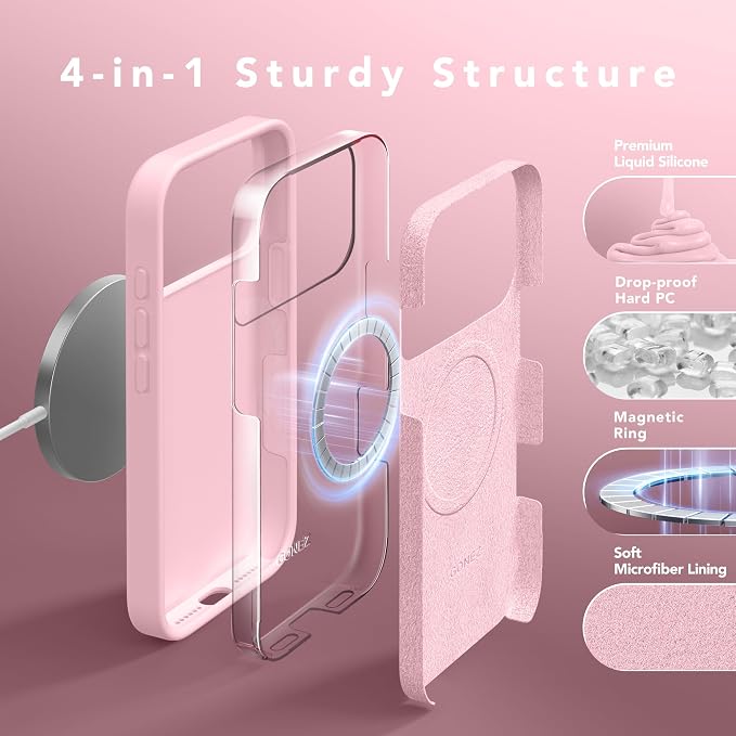 GONEZ Magnetic for iPhone 17 Pro Max Case, Compatible with MagSafe, [Screen Protector + Camera Lens Protector], Liquid Silicone Anti-Scratch Shockproof Protective Phone Case 6.9 inch, Peach Pink