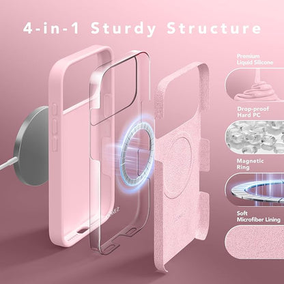 GONEZ Magnetic for iPhone 17 Pro Max Case, Compatible with MagSafe, [Screen Protector + Camera Lens Protector], Liquid Silicone Anti-Scratch Shockproof Protective Phone Case 6.9 inch, Peach Pink