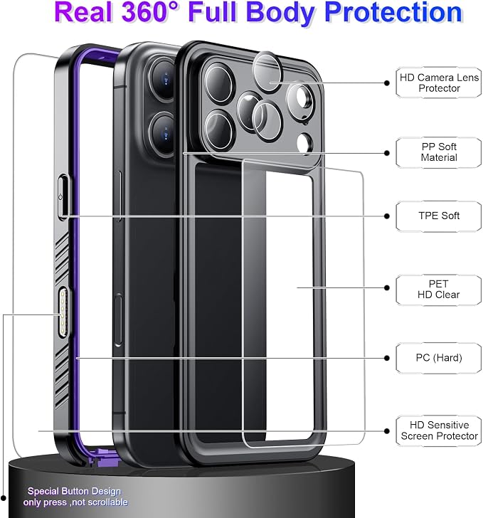 Temdan Compatible with iPhone 17 Pro Max Case,Waterproof Built-in Screen & Camera Protector IP68 Underwater Full Body 17FT Military Dropproof Shockproof Phone Case 6.9"-Purple/Clear