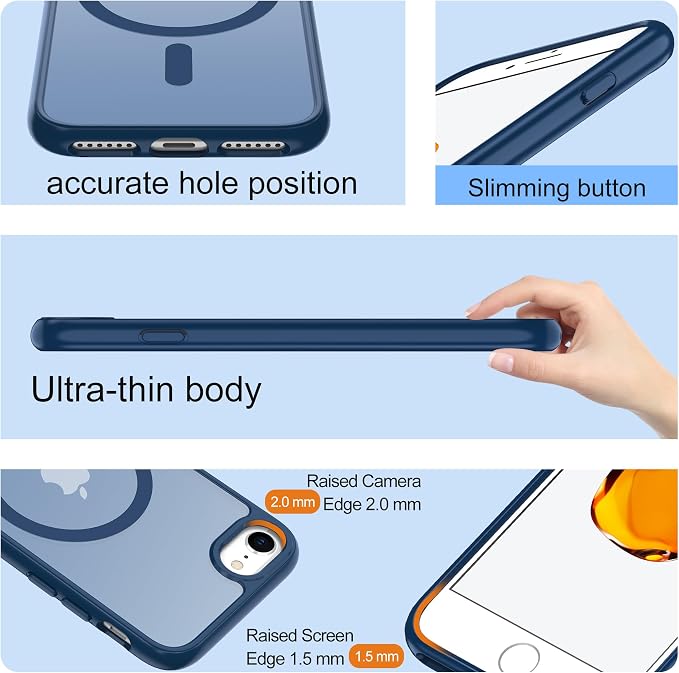 Pilaru for iPhone SE Case 2022 (3rd)/2020 (2nd),iPhone 8 Case, iPhone 7 Case [Compatible with Magsafe] (Military Grade Drop Protection) Translucent Matte Magnetic Case,SlimThin Shockproof-Dark Blue