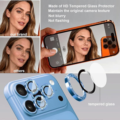 Compatible for iPhone 17/17 Pro/iPhone 17 Pro Max Camera Lens Protector Bling, Cute Sparkle Glitter Camera Cover for Women, Individual Ring, Anti-Scratch (3 Protectors + 1 Extra), Light Blue