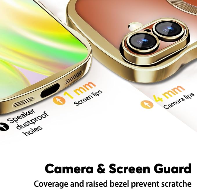 Misscase for iPhone 16 Case with Privacy Screen Protector,Compatible with MagSafe,Cute Wave Frame Anti-Scratch Case with Camera Lens Protector Plating Bling Case for iPhone 16 6.1" Women Gold