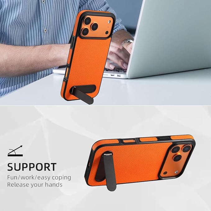 Magnetic Case for iPhone 17 Pro/17 Pro Max, Slim Lychee Pattern Leather Cover with Metal Kickstand Wireless Charging Phone Case,17pro,Orange