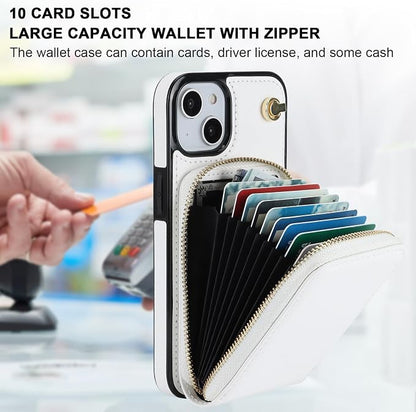 KIHUWEY Crossbody Wallet Case for iPhone 13 iPhone 14, Zipper Pocket Case with Card Holder, PU Leather RFID Blocking Protective Cover Case with Kickstand Detachable Wrist Strap Lanyard 6.1" (White)