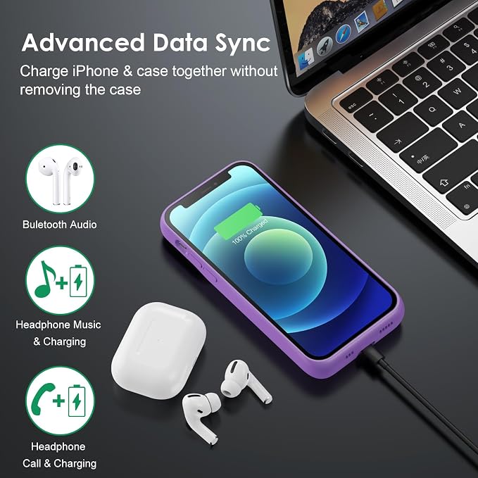 Battery Case for iPhone 12/12 Pro,[2025 Upgraded] 10800mAh Ultra-Slim Portable Extended Charger Case Cover for iPhone 12/12 Pro Charging Case (6.1 Inch)-Purple