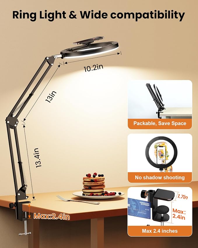 Magnetic Overhead Ring Light for Desk, 10” Selfie Light with Stand Tripod for iPhone, Adjustable Overhead Phone Mount with MagSafe-Compatible Holder for Recording, Vlogging, Crafts, TikTok, YouTube