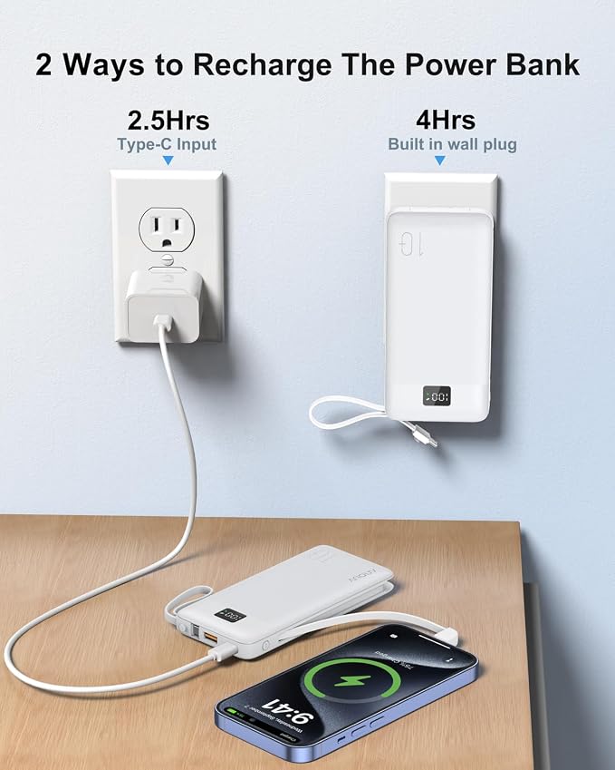 Portable Charger 10000mAh 22.5W PD 3.0+QC 4.0 Super Fast Charging Power Bank with Built-in Cables & AC Wall Plug, Slim External USB C Battery Pack for iPhone 17/16/15/14/13, Android, Samsung, iPad,etc