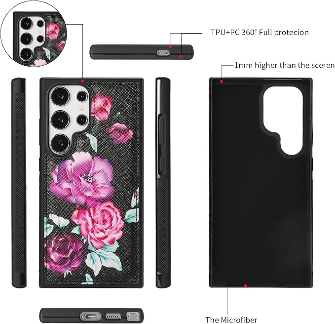 LITOU Compatible for Samsung Galaxy S26 Plus Crossbody Phone Case,Detachable Magnetic,Card Holder,Zipper Leather Wallet Wrist Lanyard Strap Case for Women Men.BlackFlower