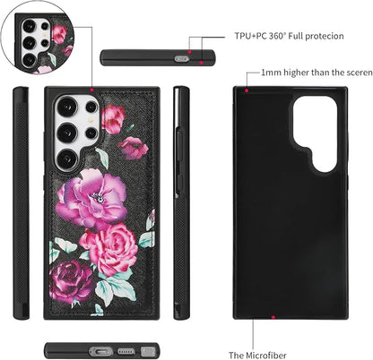 LITOU Compatible for Samsung Galaxy S26 Ultra Crossbody Phone Case,Detachable Magnetic,Card Holder,Zipper Leather Wallet Wrist Lanyard Strap Case for Women Men.BlackFlower