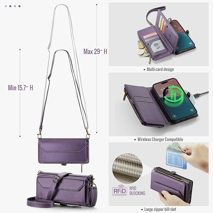 Strapurs Wallet Case Compatible with iPhone 16 6.1" RFID Blocking 7-Card Holder Soft PU Leather Magnetic Snap Shoulder Strap Zipper Pocket Phone Case Fit for iPhone 16 for Women - Purple