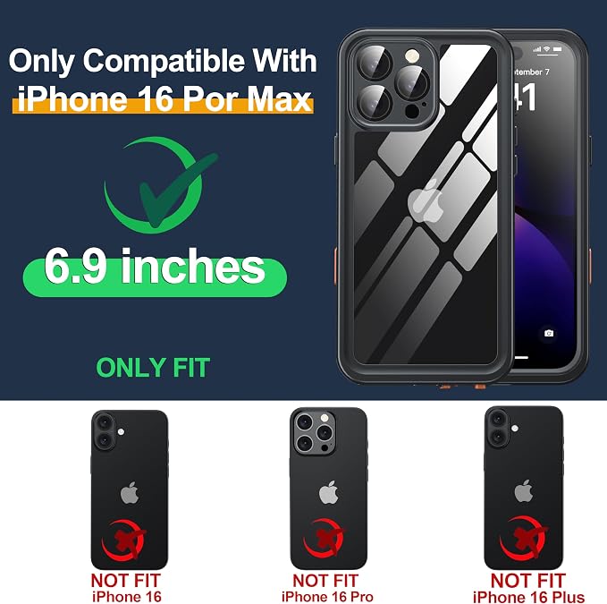 ANTSHARE for iPhone 16 Pro Max Case Waterproof, IP68 Underwater Built-in Lens & Screen Protector, [Full Body Shockproof] [Dustproof] [Snowproof] Protective iPhone 16 Pro Max Case 6.9'' - Black/Clear